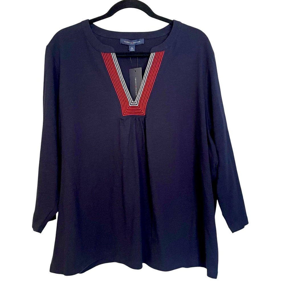 Tommy Hilfiger Navy Split‎ Neck 3/4 Sleeve Top Plus Size 1X